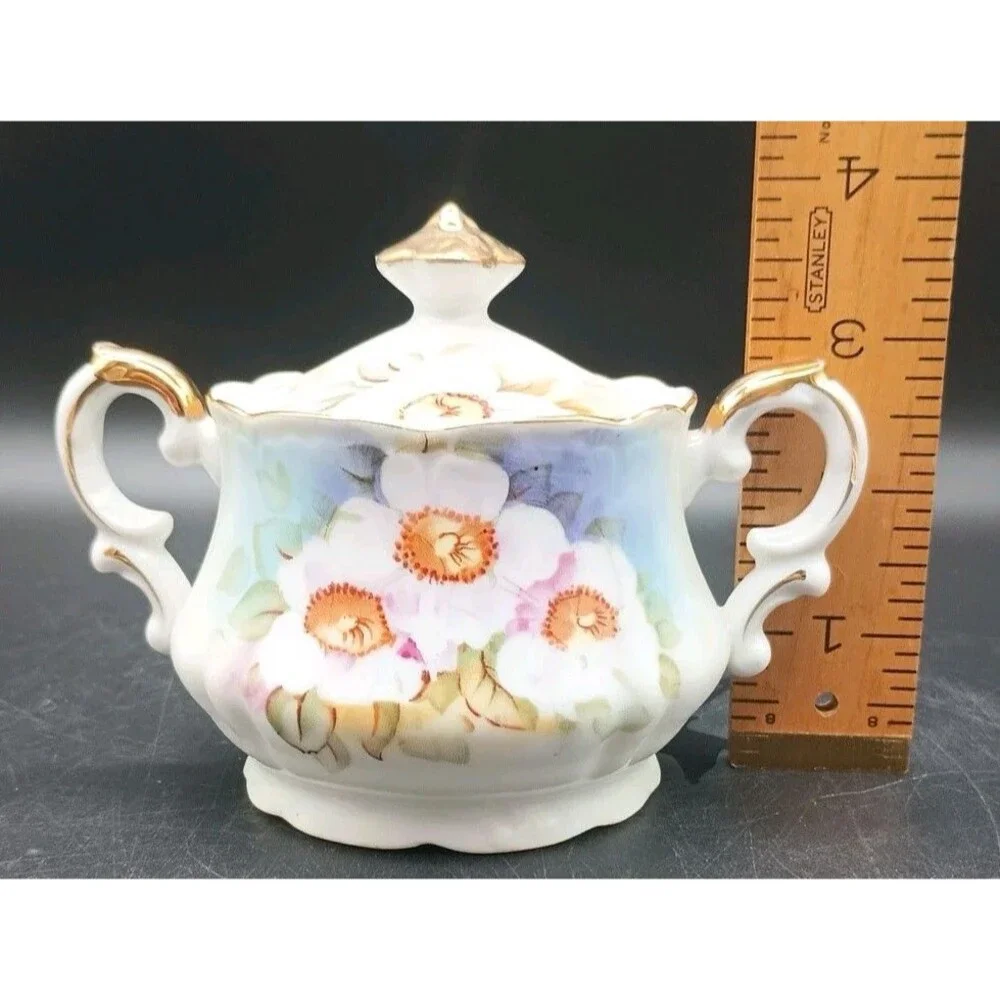 Vintage Lefton China Hand Painted Magnolia 2520 Sugar Bowl Gold Trim